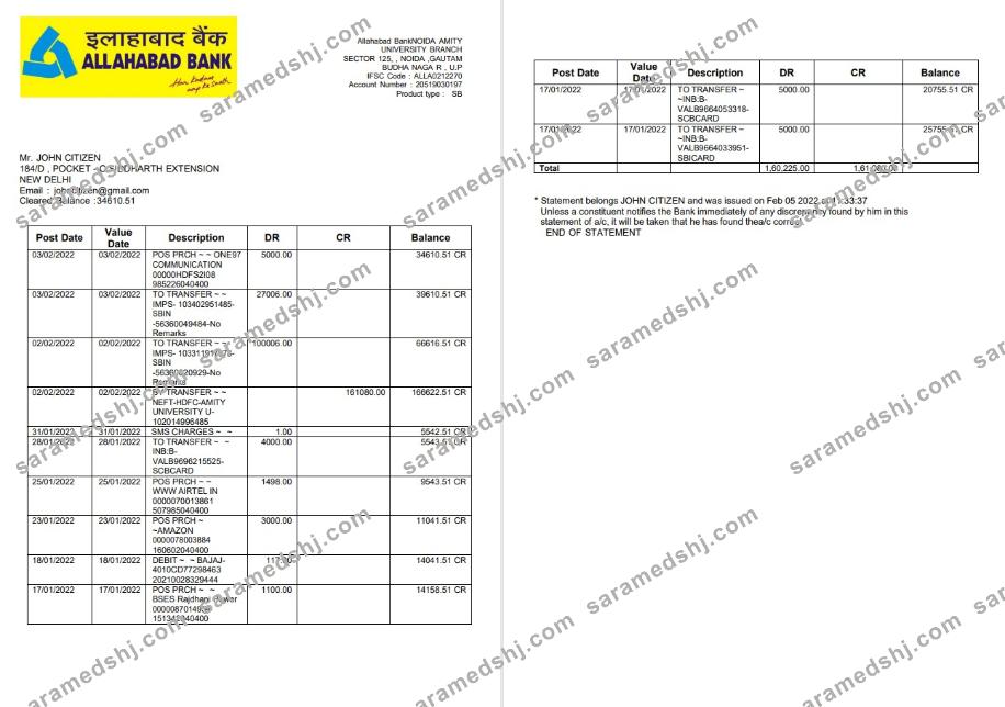 India Allahabad Bank statement 2 pages